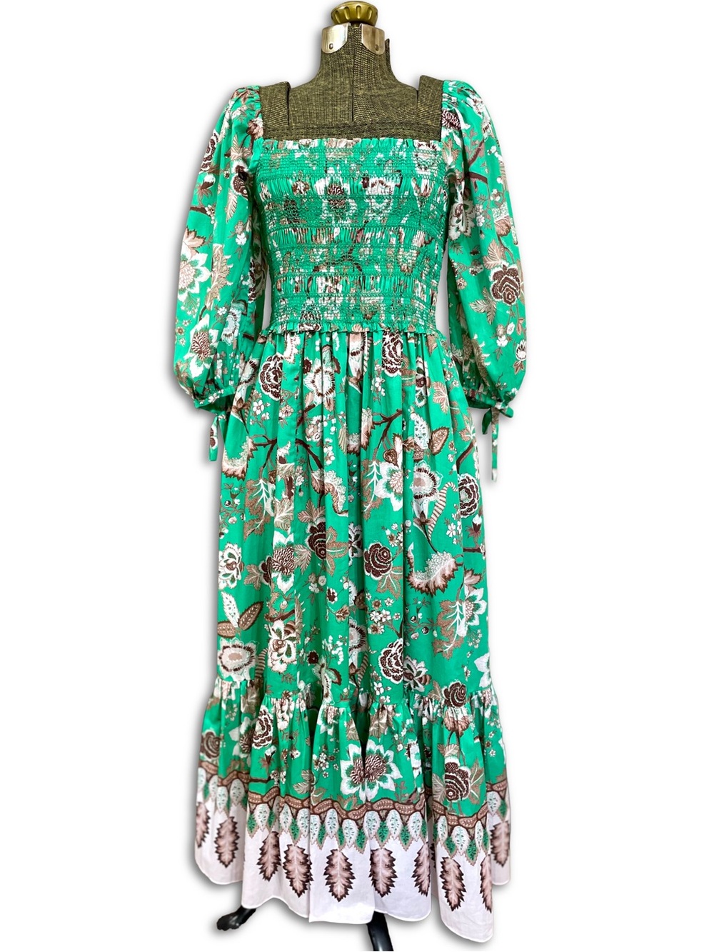 Cara Cara Jazzy Midi Dress Green Floral Smocked Puff Sleeve Cotton Cottagecore - Picture 3 of 16